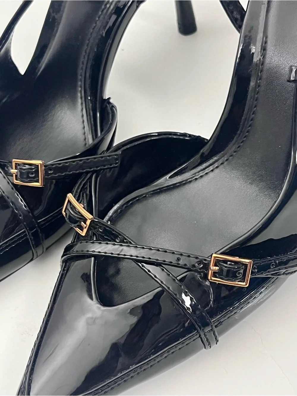ZARA Black Patent Leather Strappy Pointy Toe Slingback Heels Size 38 Classic